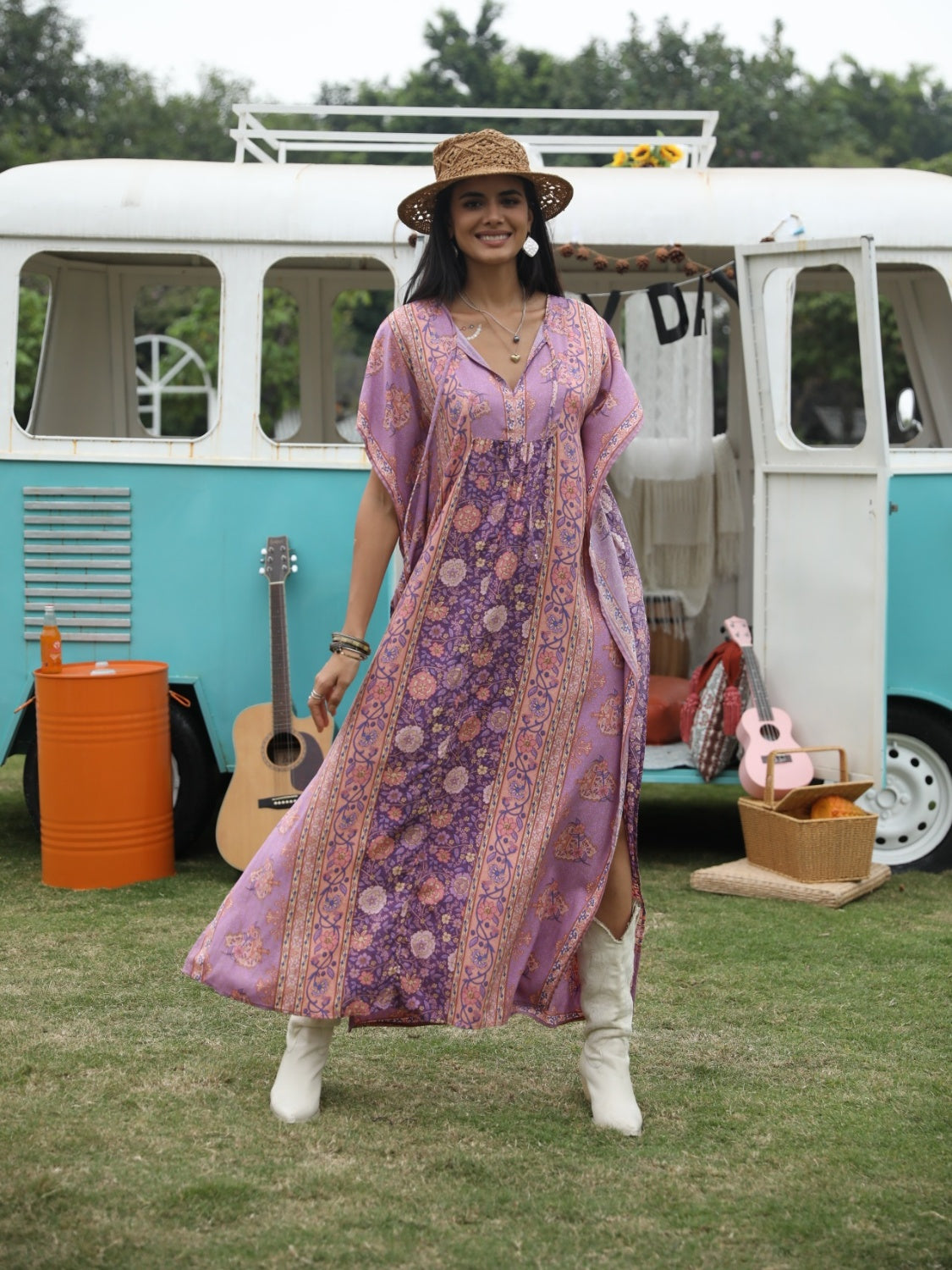 Printed Tie Neck Short Sleeve Dress.