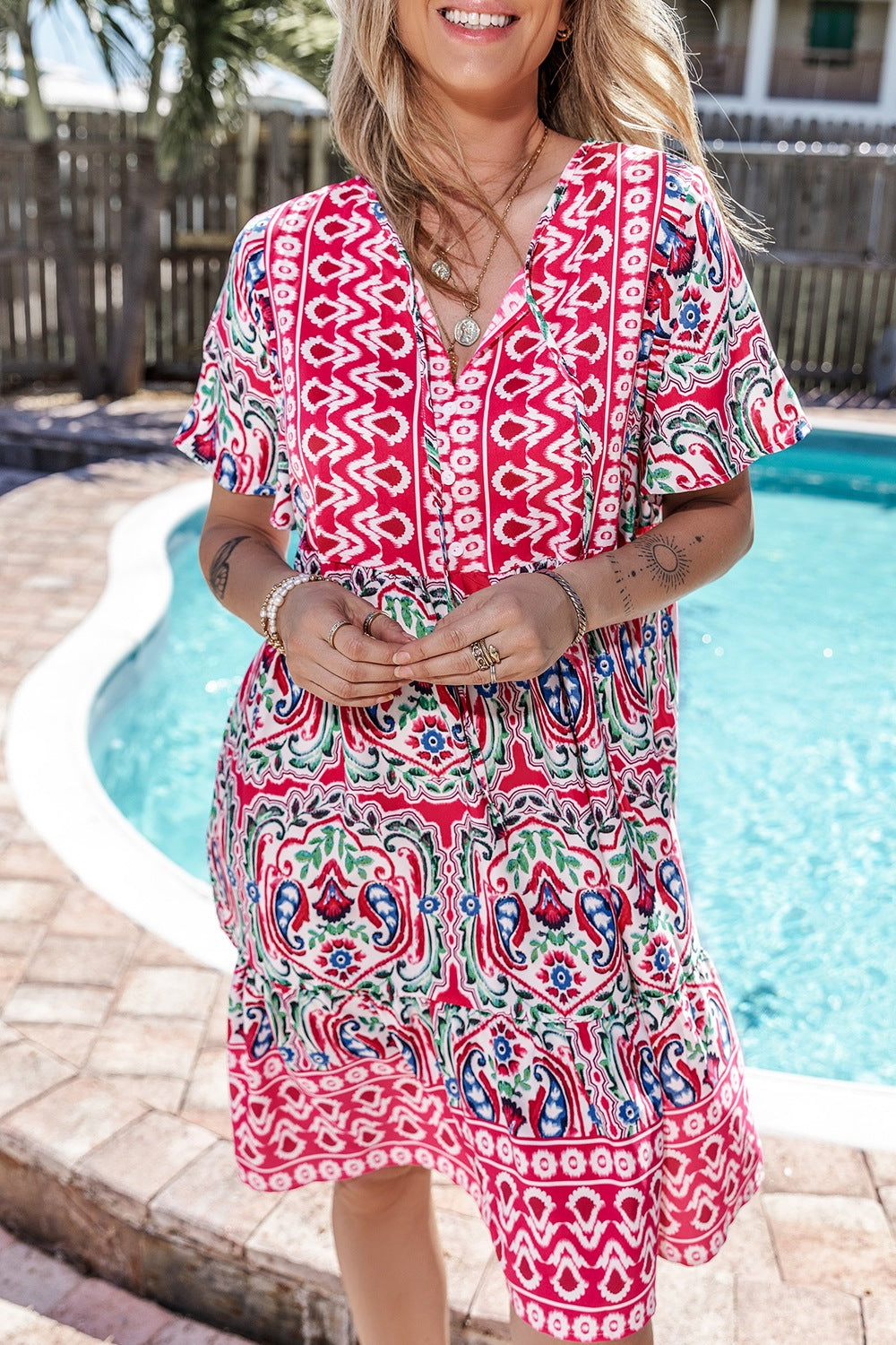 Printed Tie Neck Short Sleeve Dress.