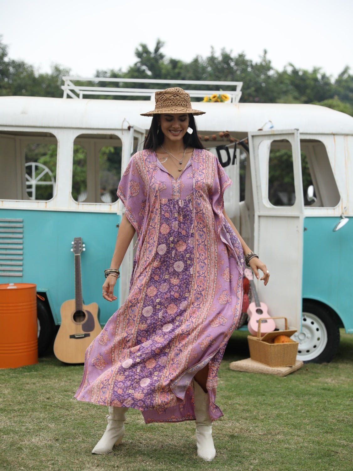 Printed Tie Neck Short Sleeve Dress.