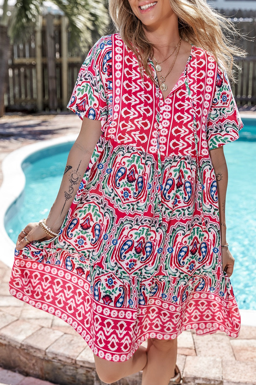 Printed Tie Neck Short Sleeve Dress.