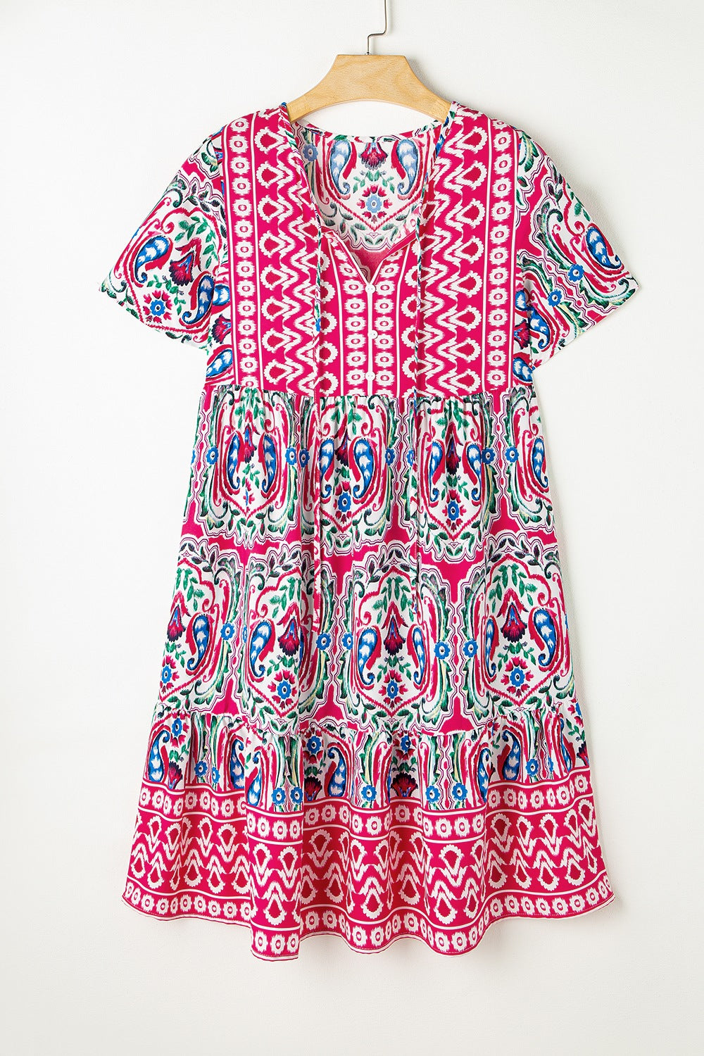 Printed Tie Neck Short Sleeve Dress.