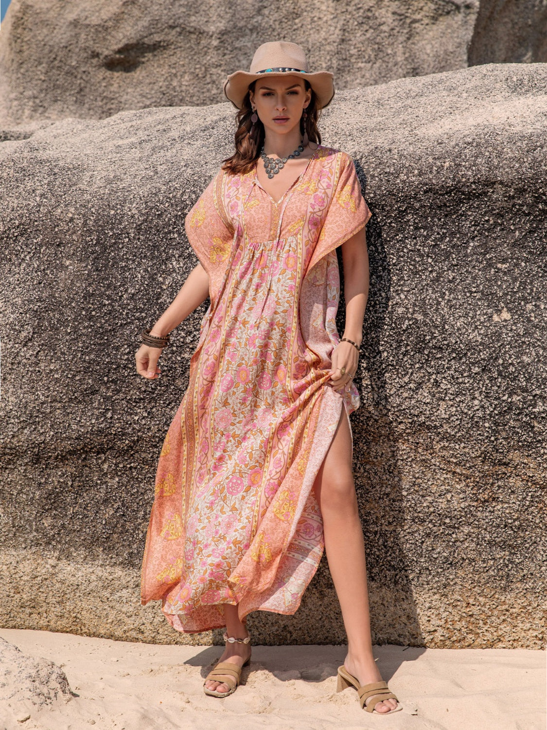 Printed Tie Neck Short Sleeve Dress.
