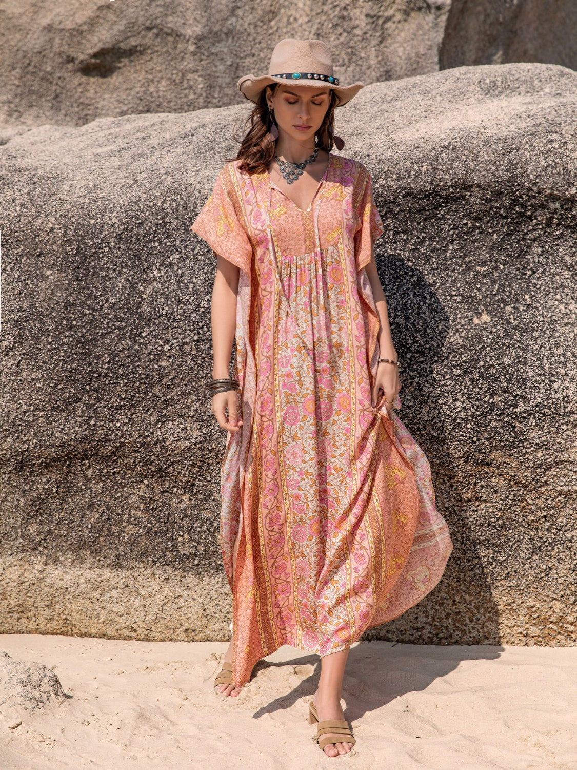 Printed Tie Neck Short Sleeve Dress.
