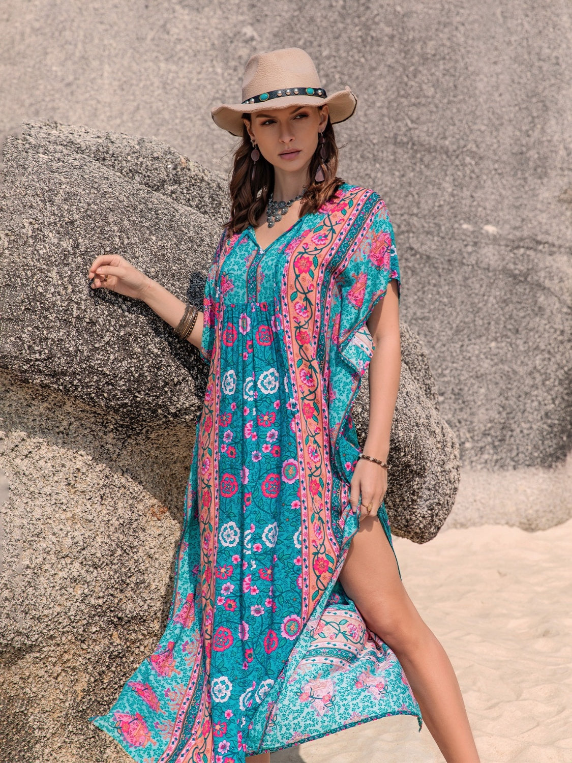 Printed Tie Neck Short Sleeve Dress.