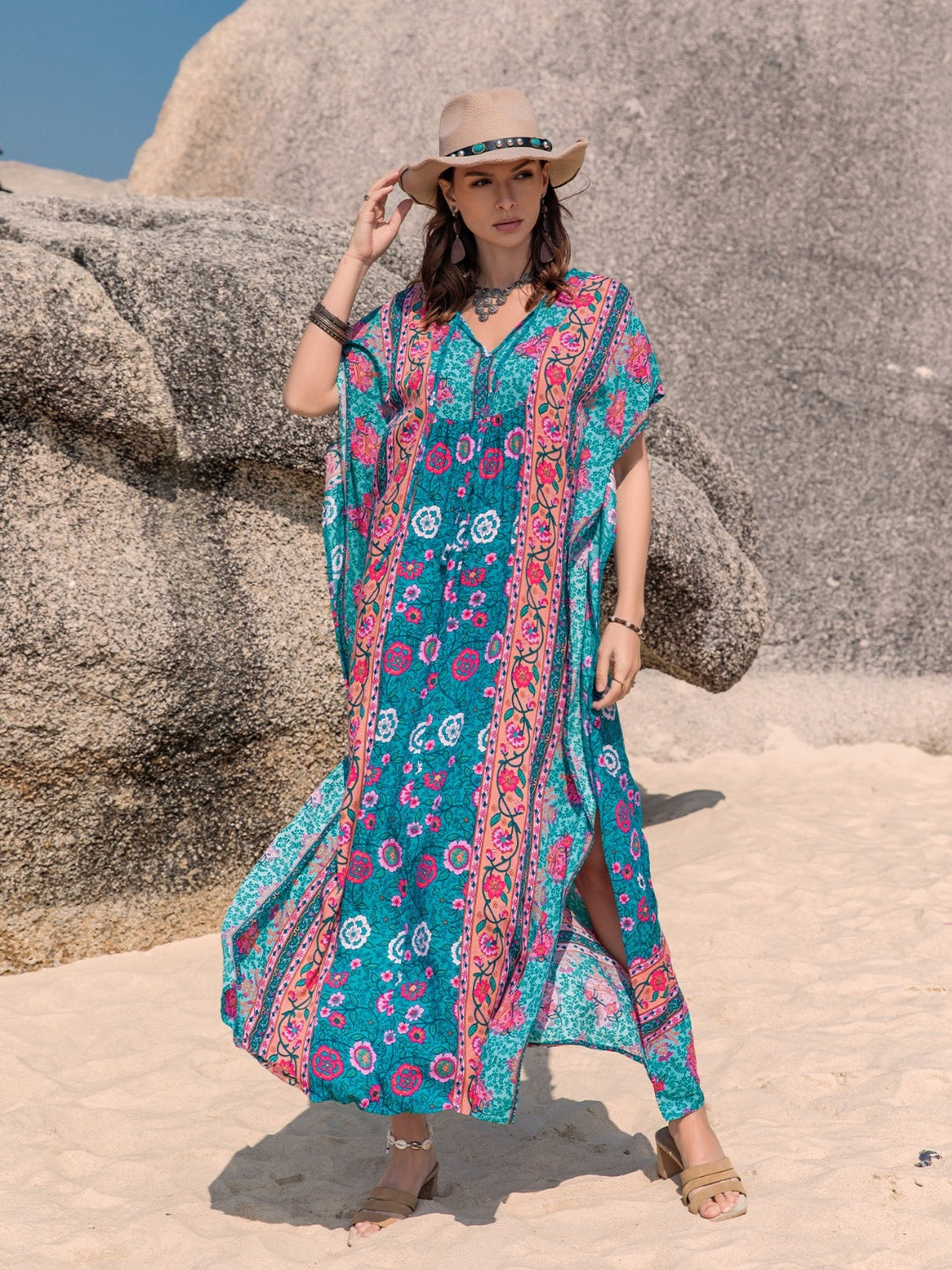 Printed Tie Neck Short Sleeve Dress.