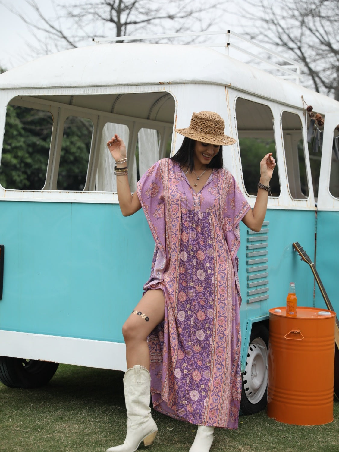 Printed Tie Neck Short Sleeve Dress.