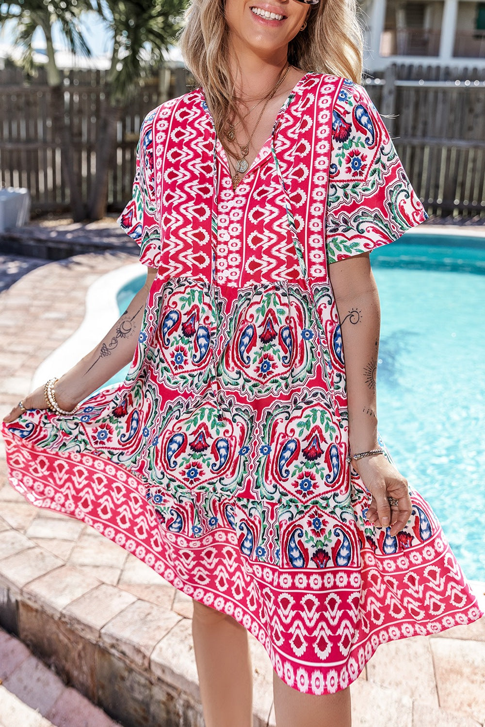 Printed Tie Neck Short Sleeve Dress.