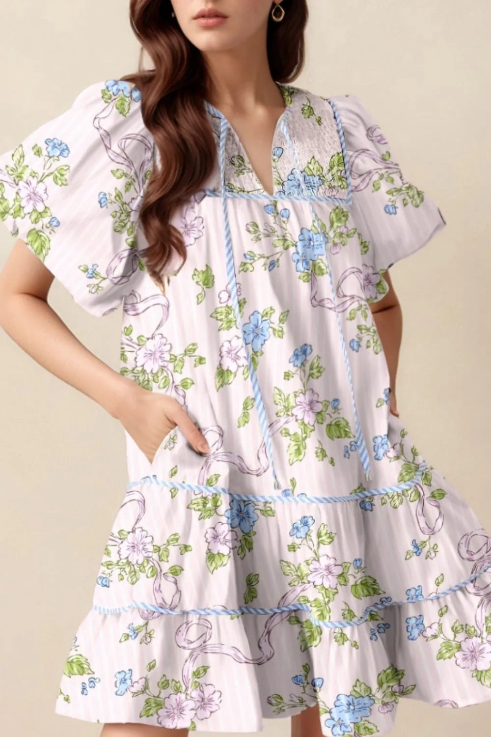 Printed Tie Neck Short Sleeve Mini Dress.