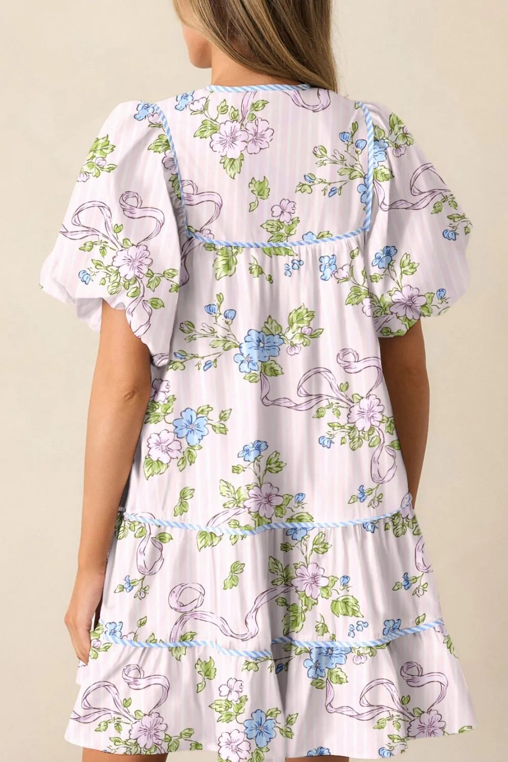 Printed Tie Neck Short Sleeve Mini Dress.