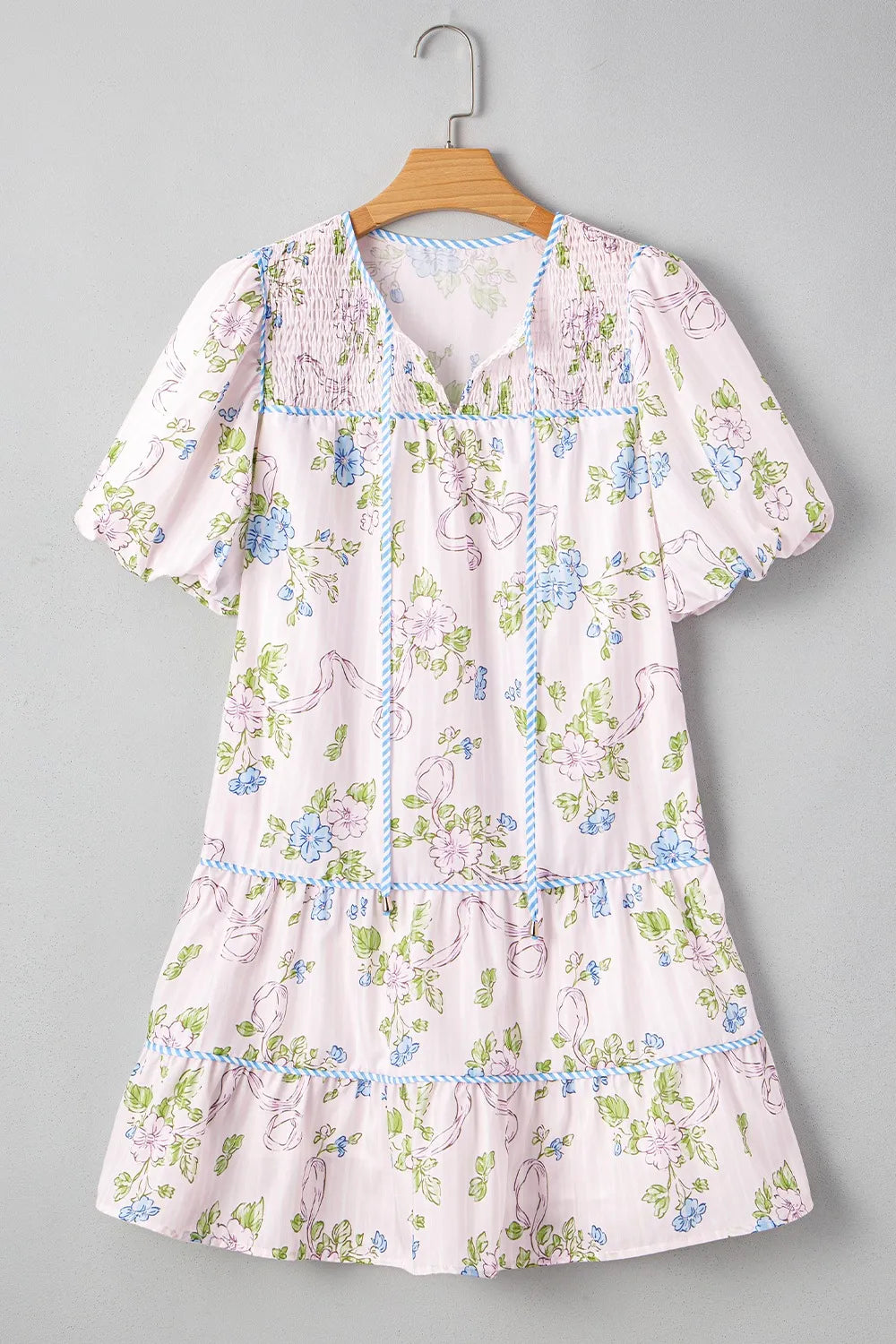 Printed Tie Neck Short Sleeve Mini Dress.