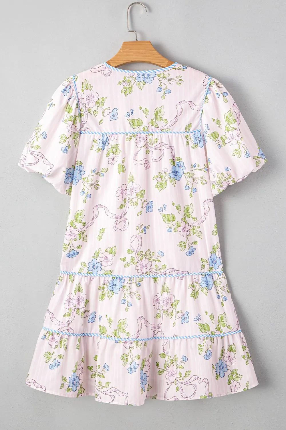 Printed Tie Neck Short Sleeve Mini Dress.