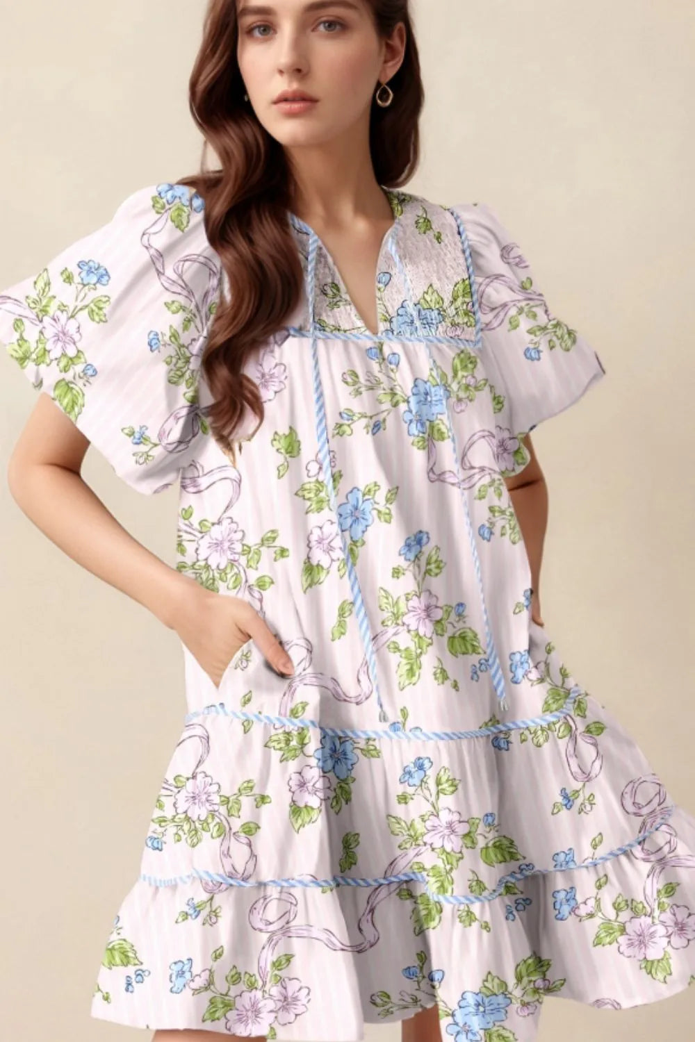 Printed Tie Neck Short Sleeve Mini Dress.
