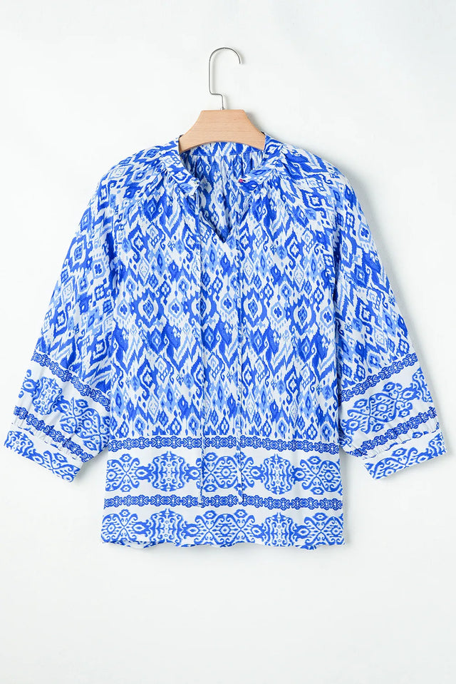 Printed Tie Neck Three-Quarter Sleeve Blouse with Tied.
