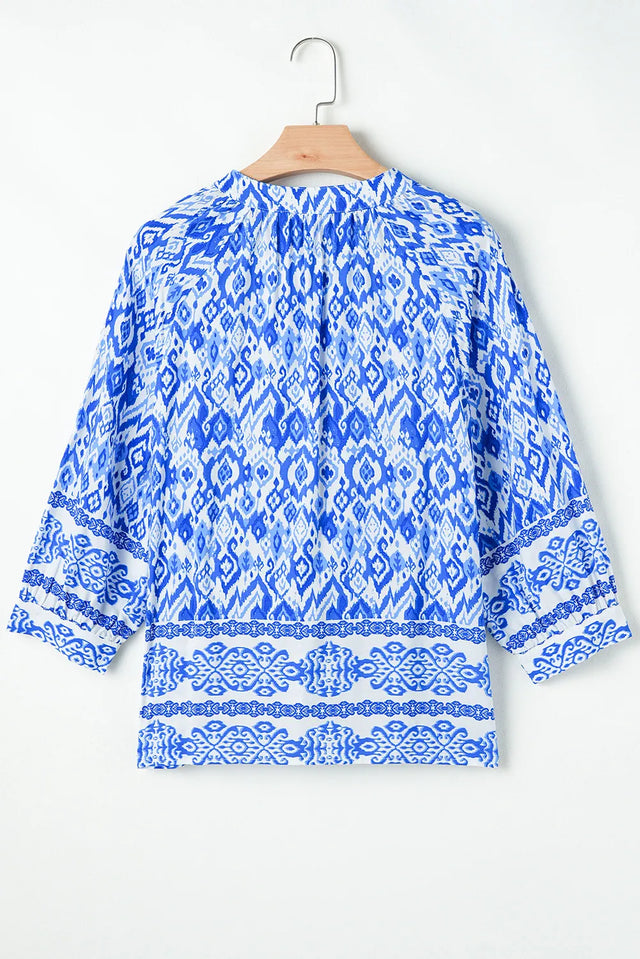 Printed Tie Neck Three-Quarter Sleeve Blouse with Tied.