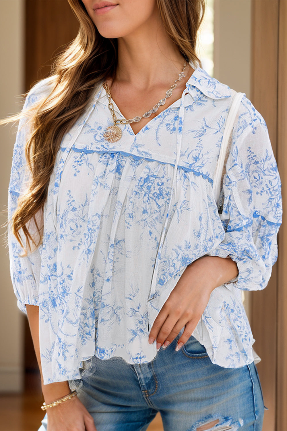 Printed Tie Neck Three-Quarter Sleeve Blouse.