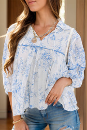 Printed Tie Neck Three-Quarter Sleeve Blouse.