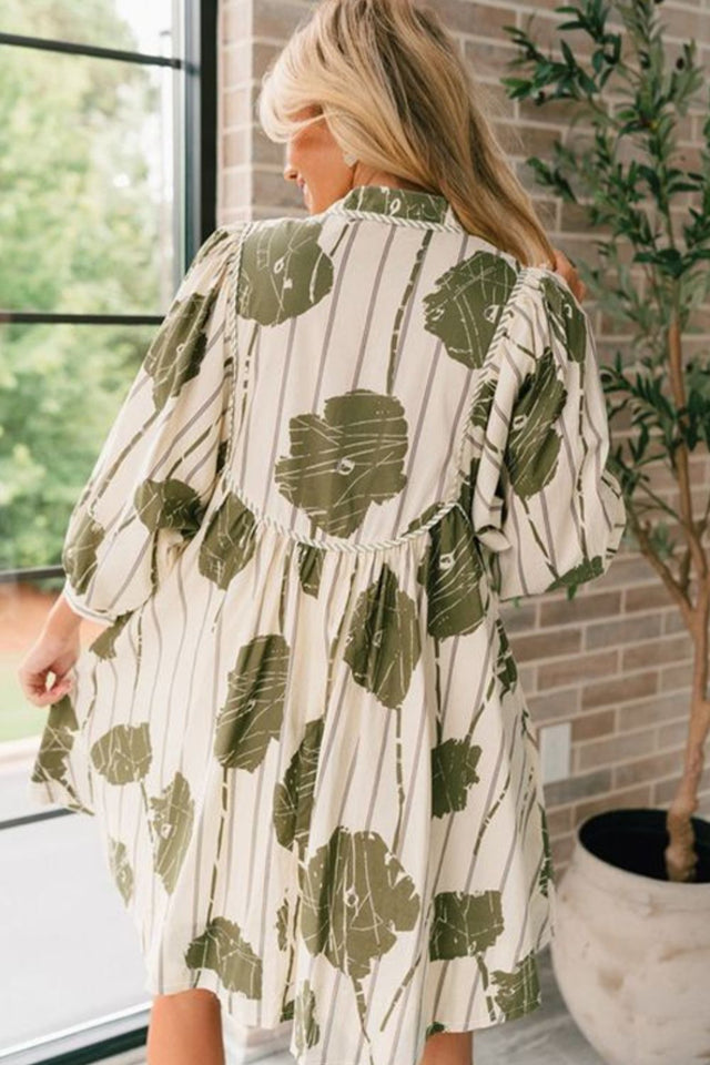 Printed Tie Neck Three-Quarter Sleeve Mini Dress.