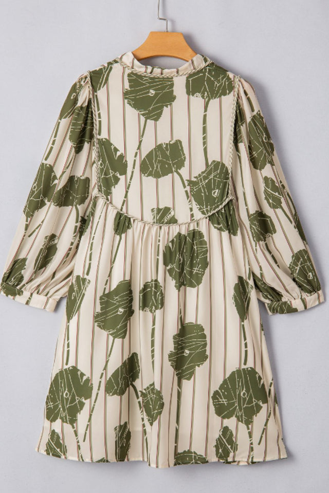 Printed Tie Neck Three-Quarter Sleeve Mini Dress.
