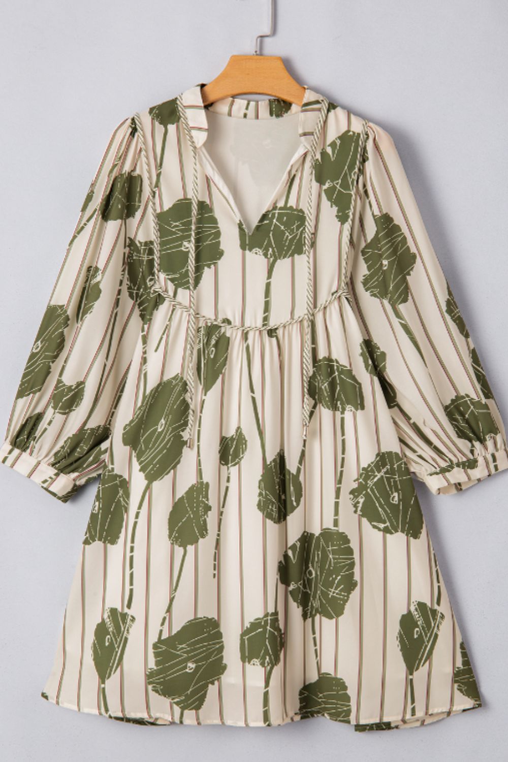 Printed Tie Neck Three-Quarter Sleeve Mini Dress.