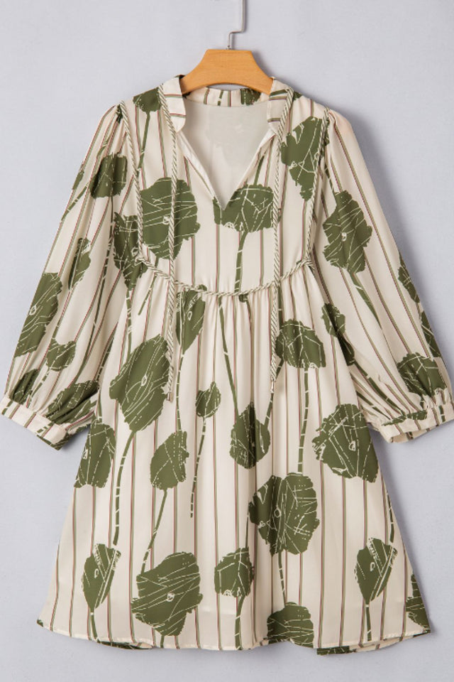 Printed Tie Neck Three-Quarter Sleeve Mini Dress.