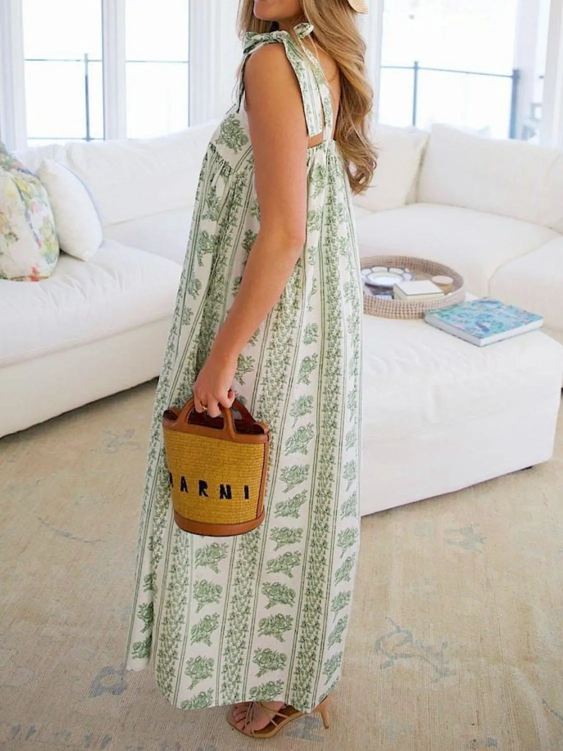 Printed Tie Shoulder Square Neck Midi Dress.