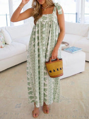 Printed Tie Shoulder Square Neck Midi Dress.