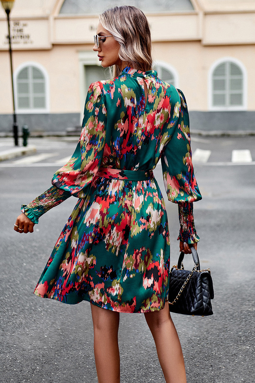 Devine Printed Tie Waist Mock Neck Lantern Sleeve Dress.