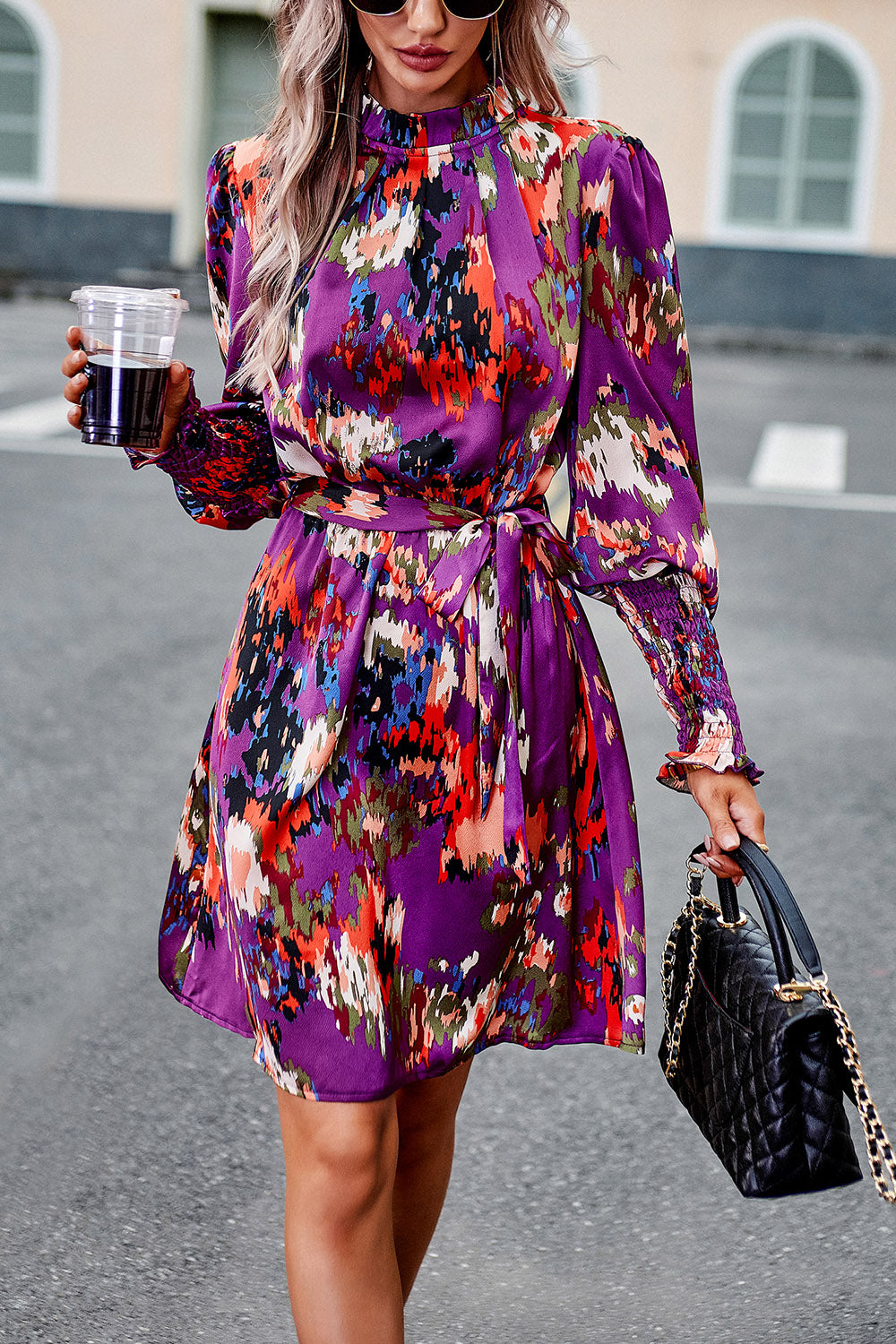Devine Printed Tie Waist Mock Neck Lantern Sleeve Dress.