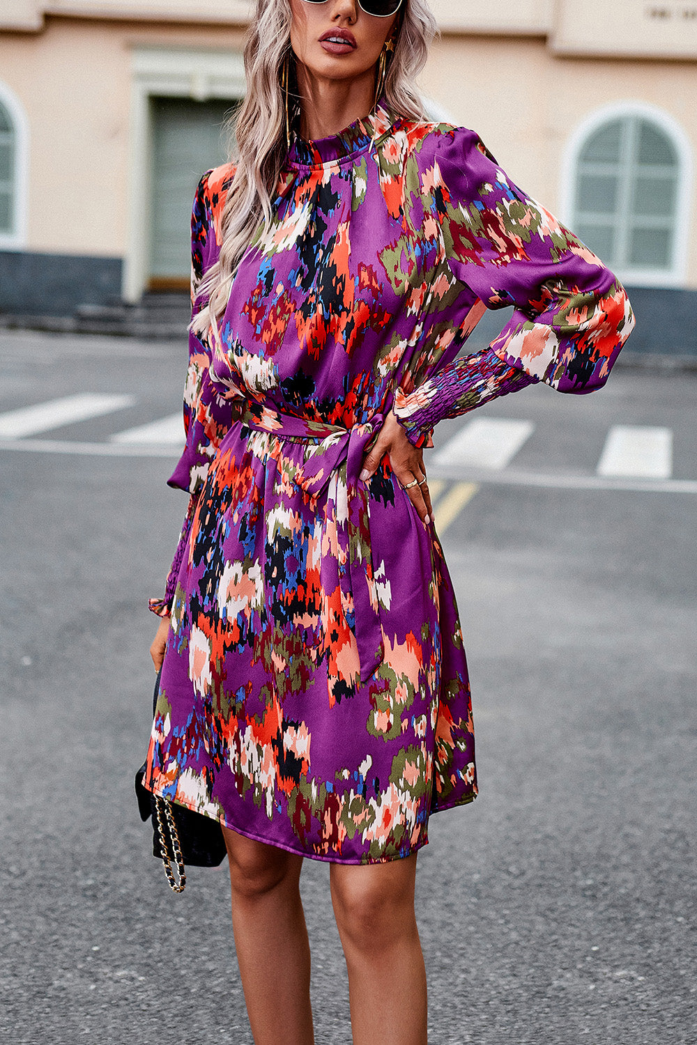Devine Printed Tie Waist Mock Neck Lantern Sleeve Dress.