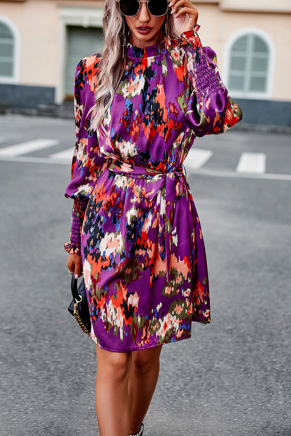 Devine Printed Tie Waist Mock Neck Lantern Sleeve Dress.