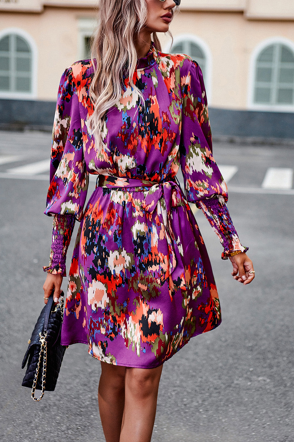 Devine Printed Tie Waist Mock Neck Lantern Sleeve Dress.