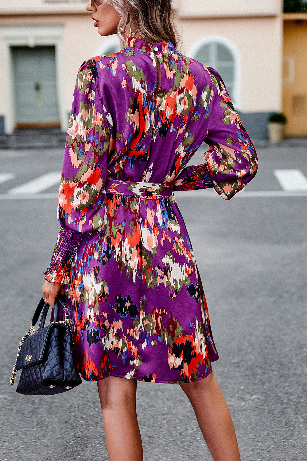 Devine Printed Tie Waist Mock Neck Lantern Sleeve Dress.