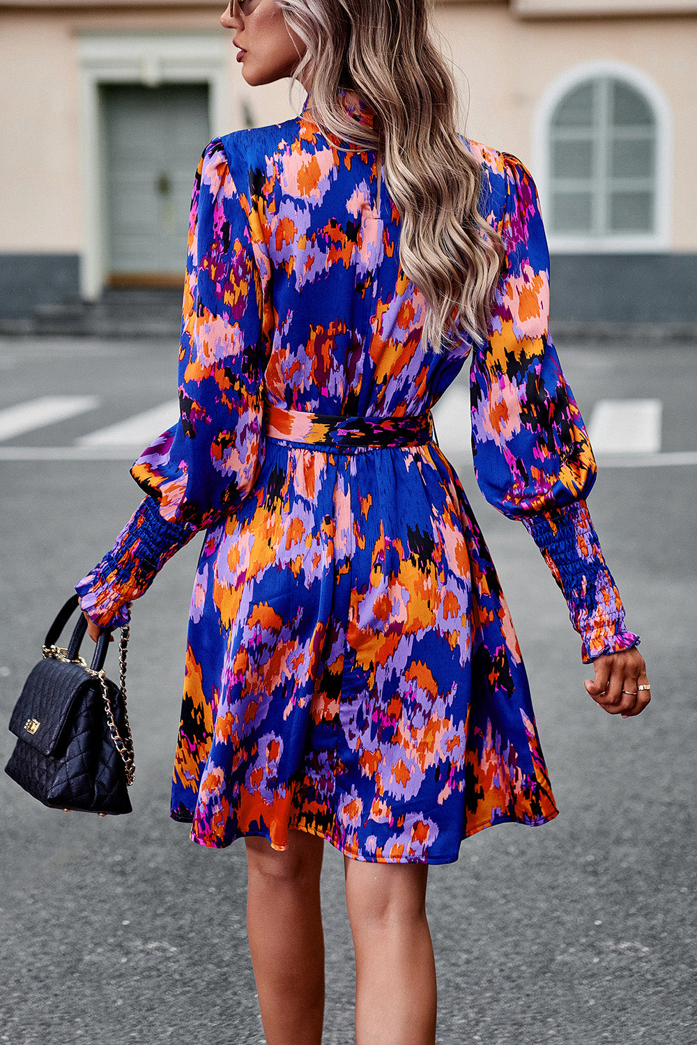Devine Printed Tie Waist Mock Neck Lantern Sleeve Dress.