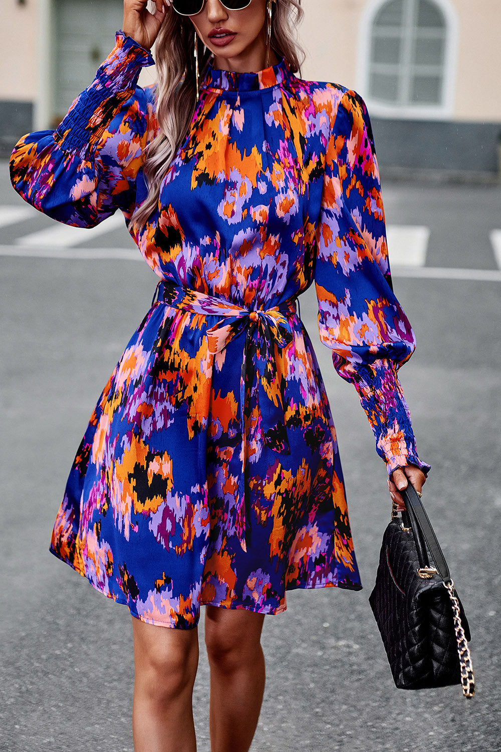Devine Printed Tie Waist Mock Neck Lantern Sleeve Dress.