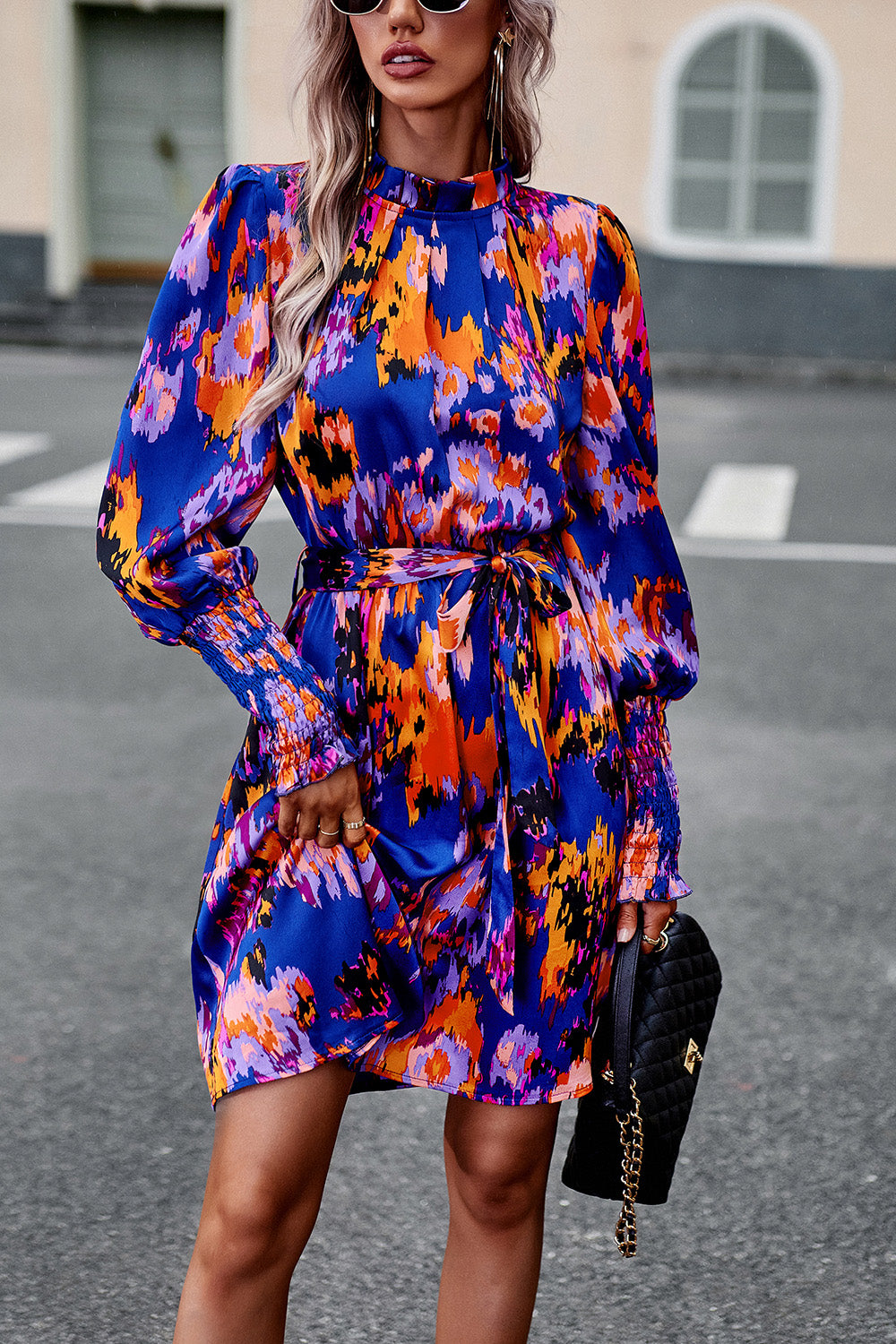 Devine Printed Tie Waist Mock Neck Lantern Sleeve Dress.