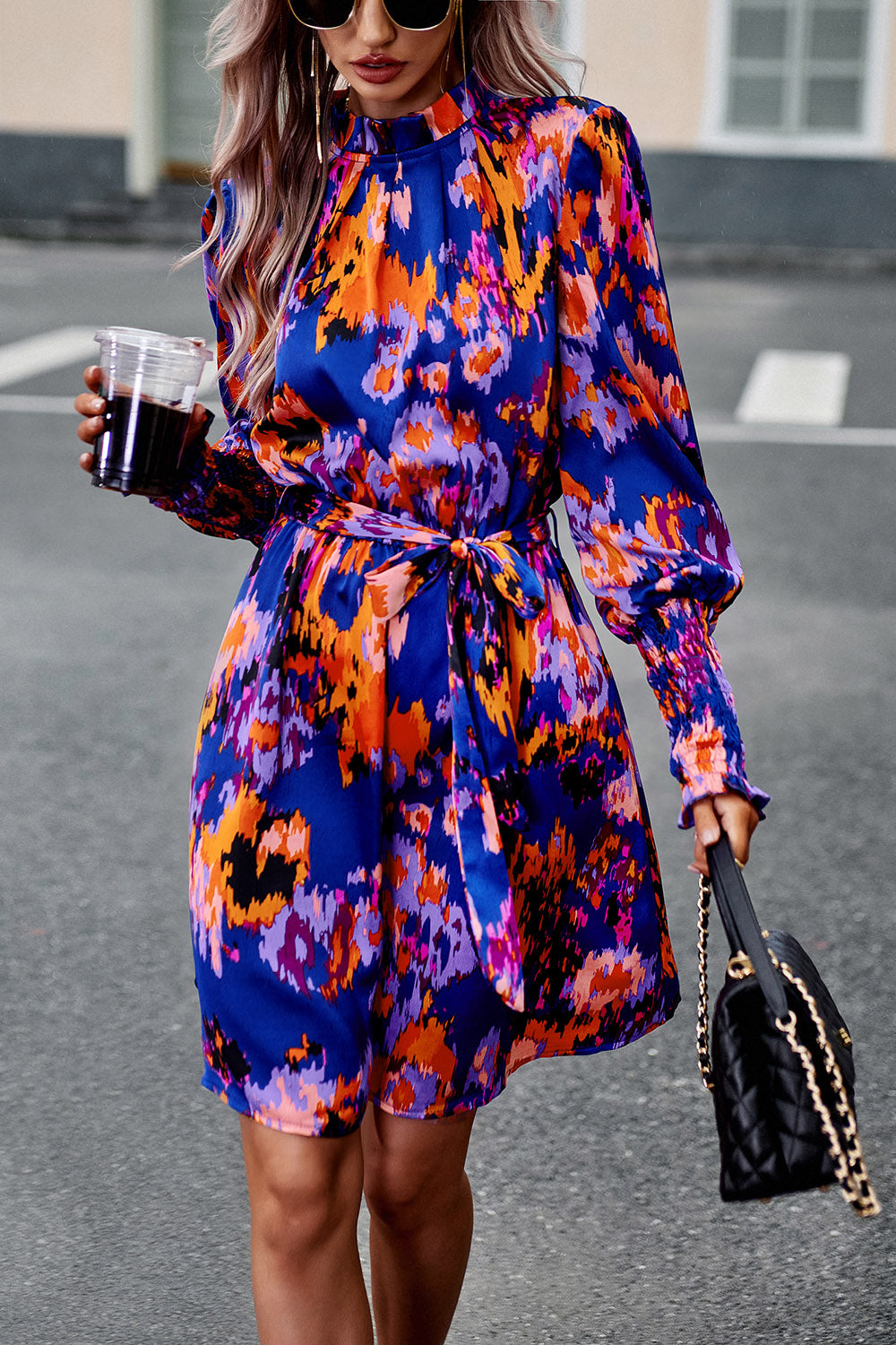 Devine Printed Tie Waist Mock Neck Lantern Sleeve Dress.