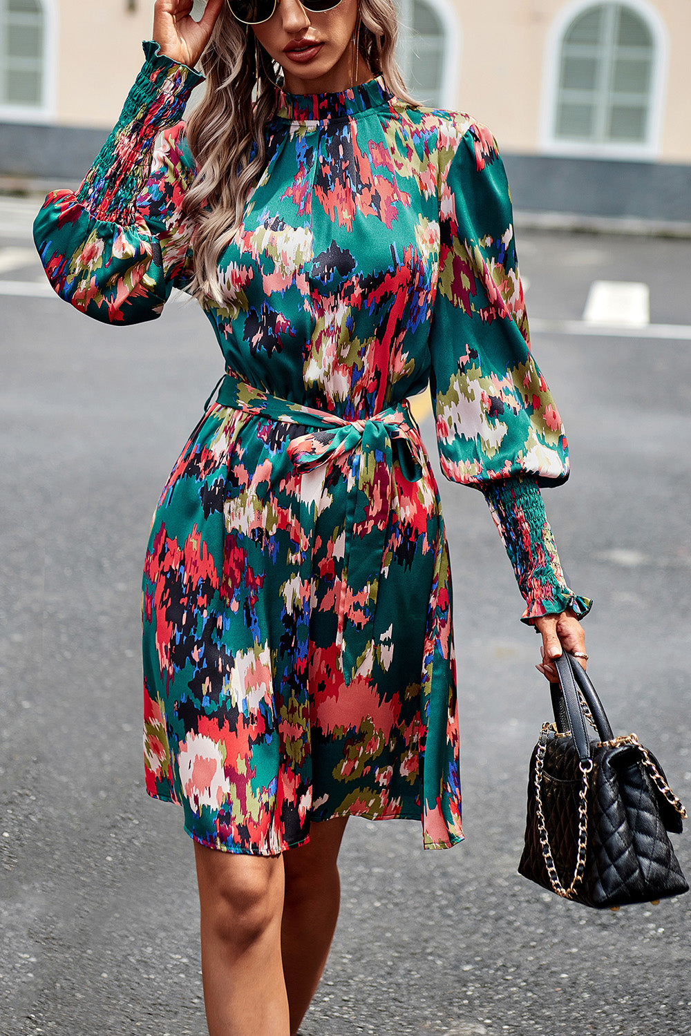 Devine Printed Tie Waist Mock Neck Lantern Sleeve Dress.