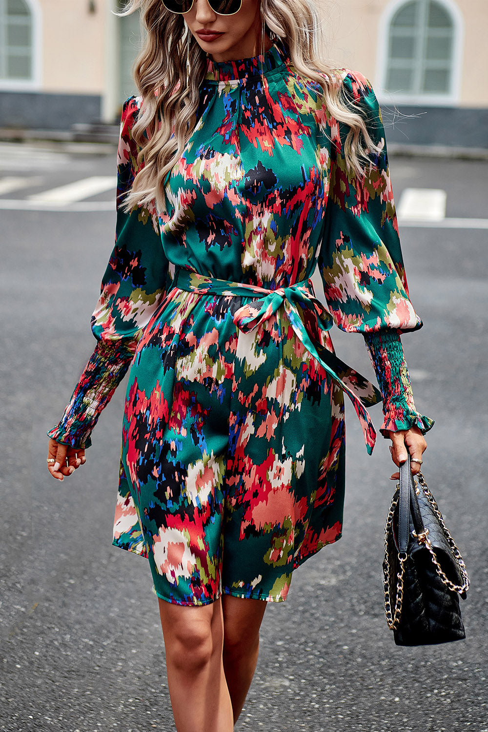 Devine Printed Tie Waist Mock Neck Lantern Sleeve Dress.