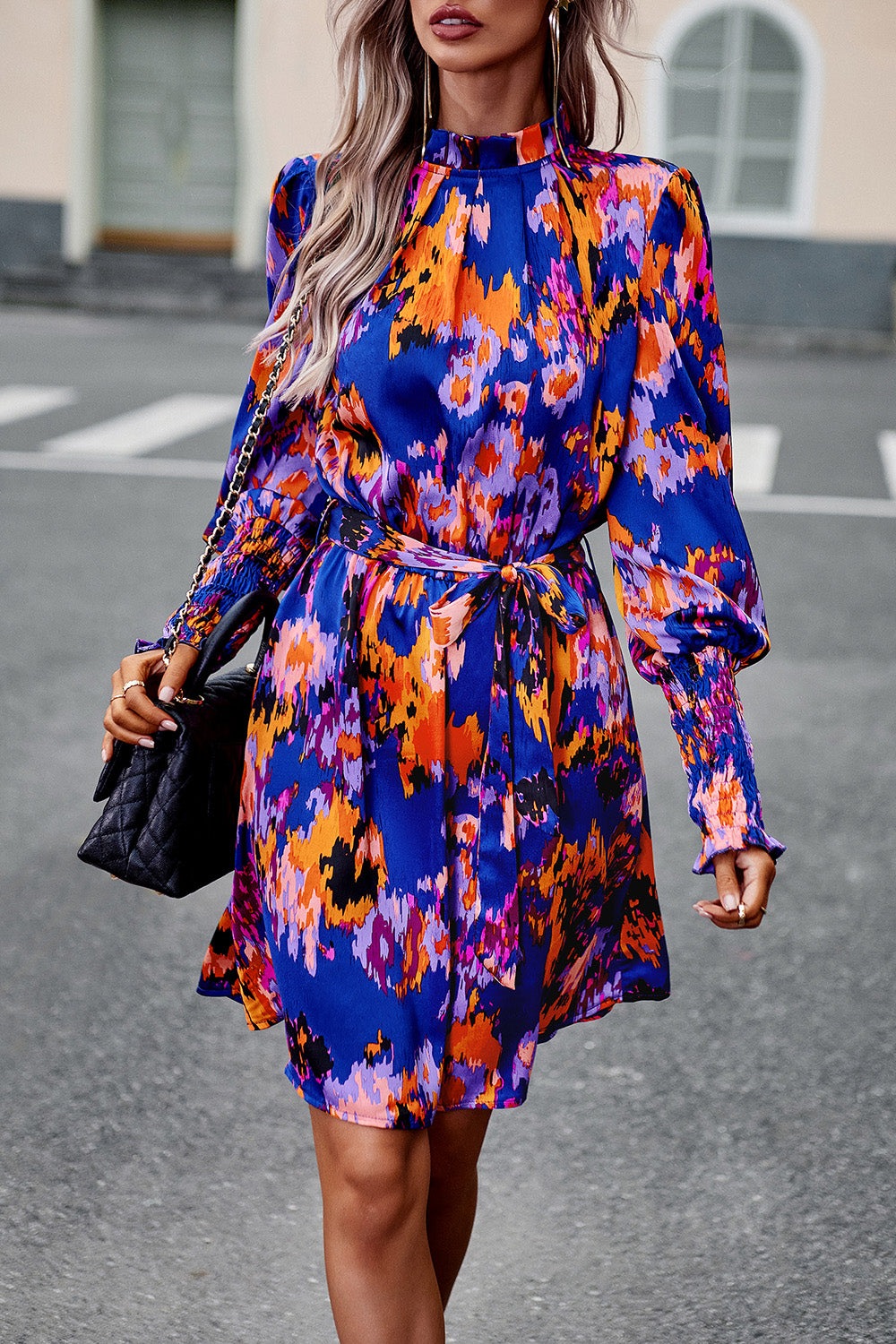 Devine Printed Tie Waist Mock Neck Lantern Sleeve Dress.