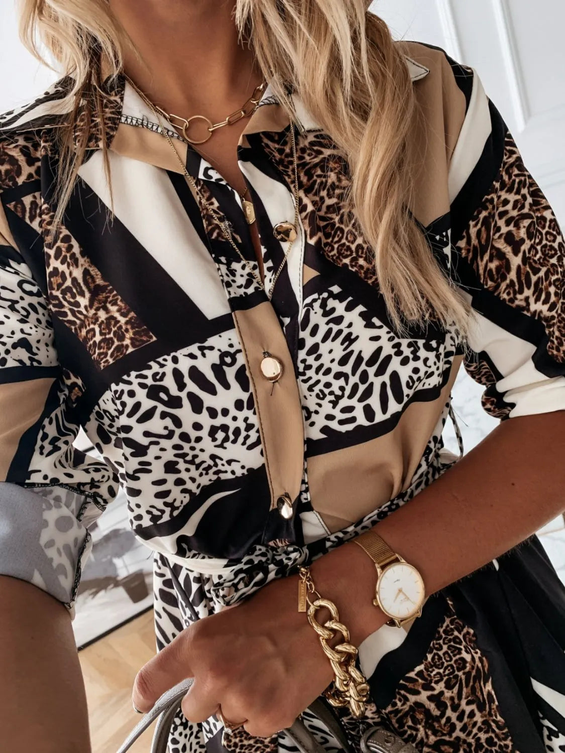 Printed Tie Waist Roll-Tab Sleeve Mini Dress.