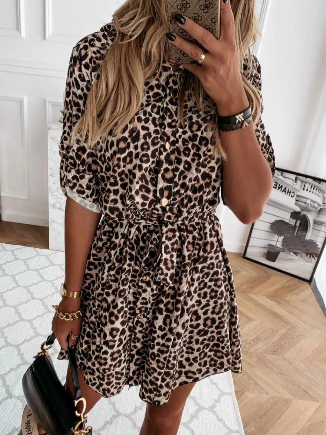 Printed Tie Waist Roll-Tab Sleeve Mini Dress.