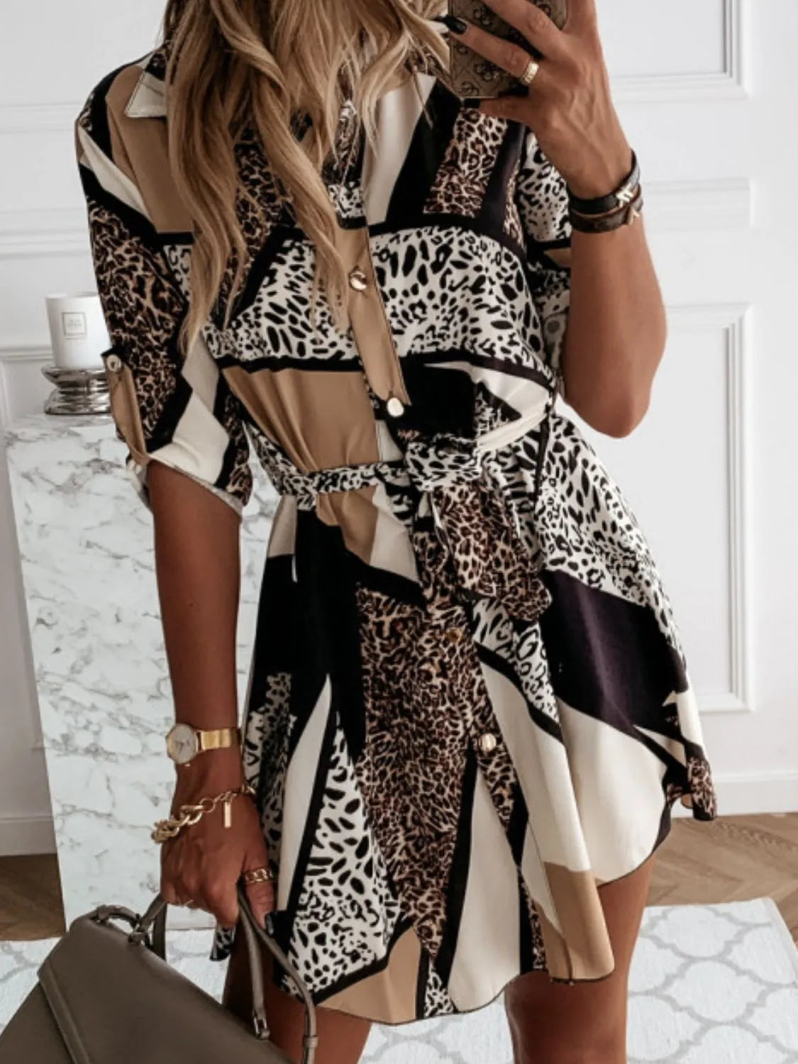 Printed Tie Waist Roll-Tab Sleeve Mini Dress.