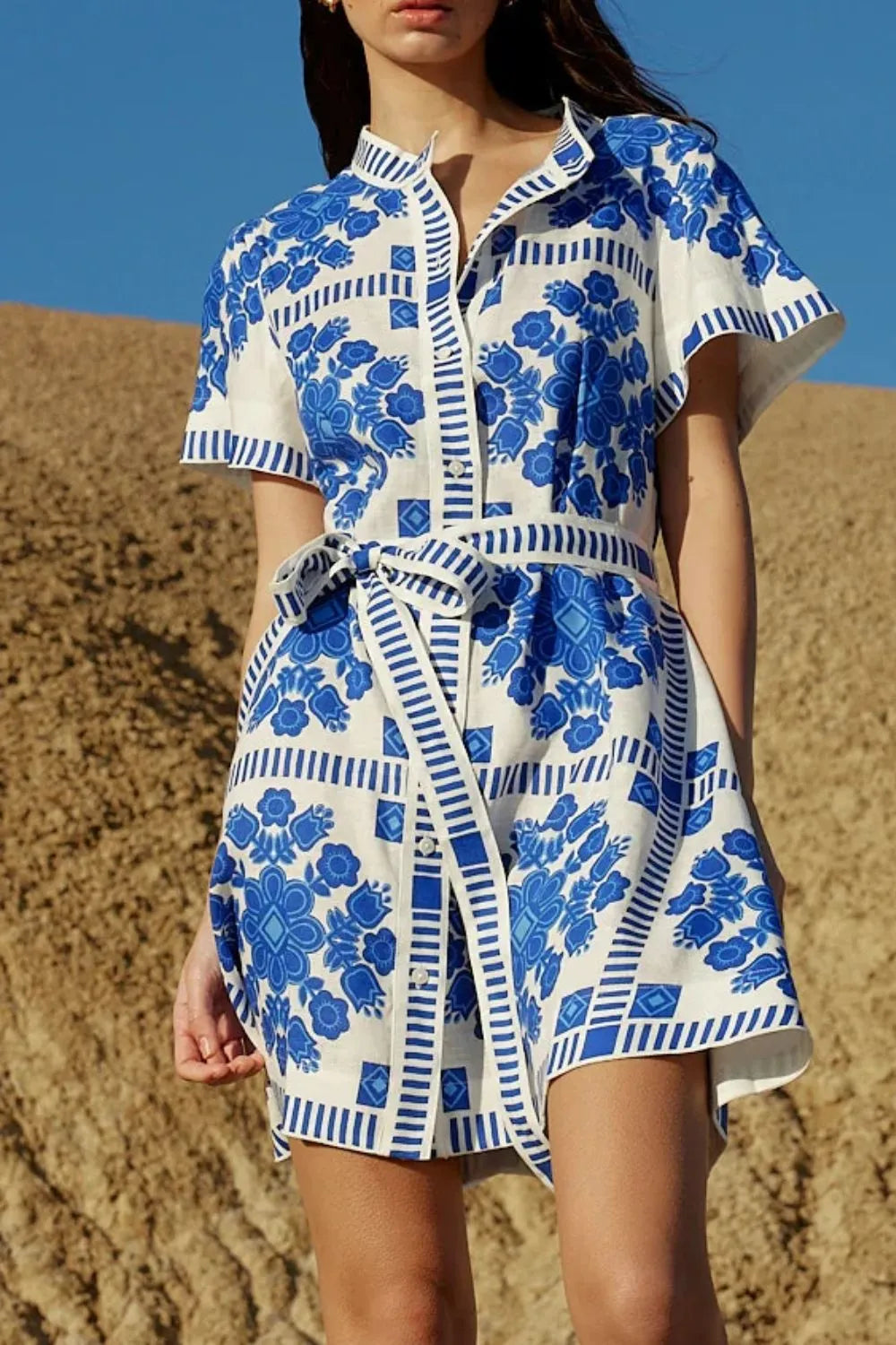 Printed Tie Waist Short Sleeve Dress.