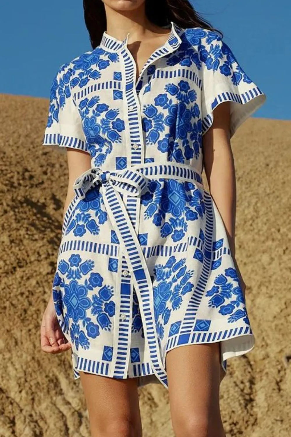 Printed Tie Waist Short Sleeve Dress.