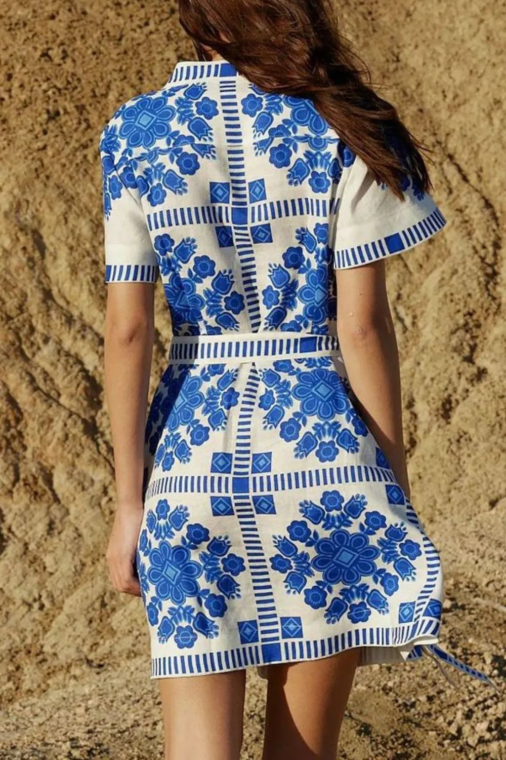Printed Tie Waist Short Sleeve Dress.