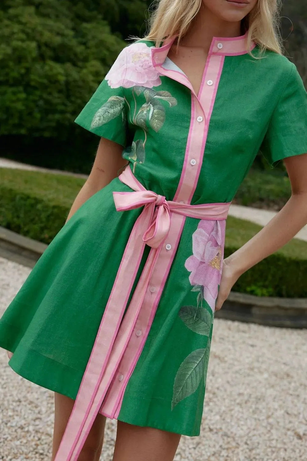 Printed Tie Waist Short Sleeve Dress.