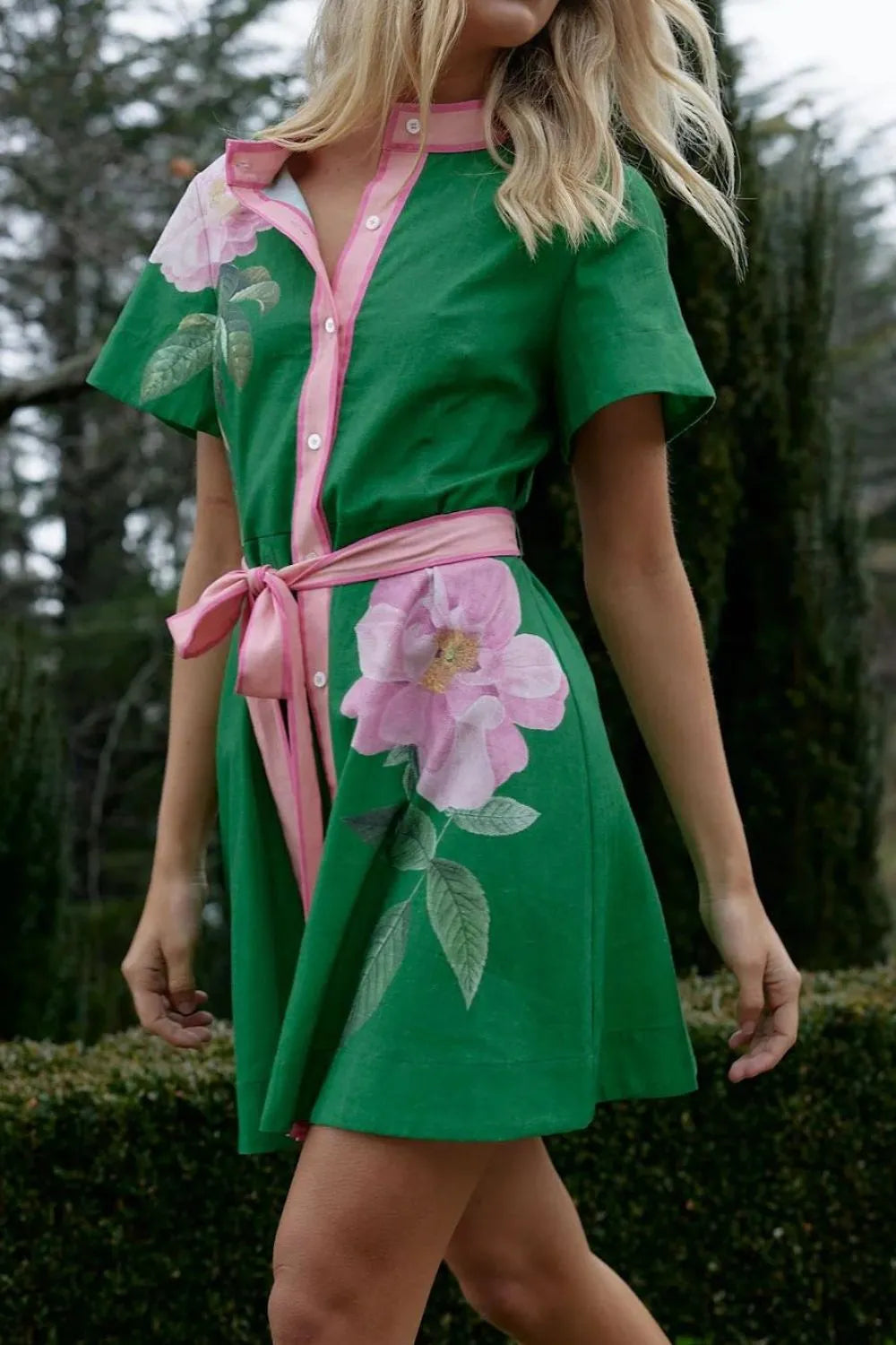 Printed Tie Waist Short Sleeve Dress.