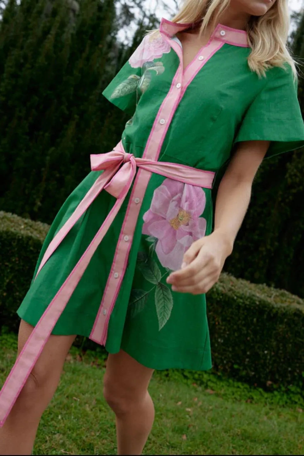 Printed Tie Waist Short Sleeve Dress.