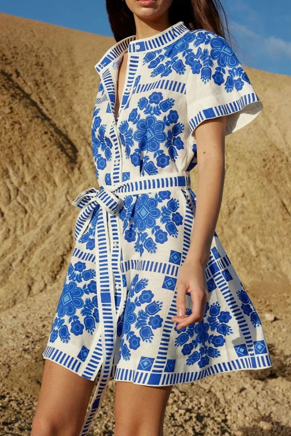 Printed Tie Waist Short Sleeve Dress.