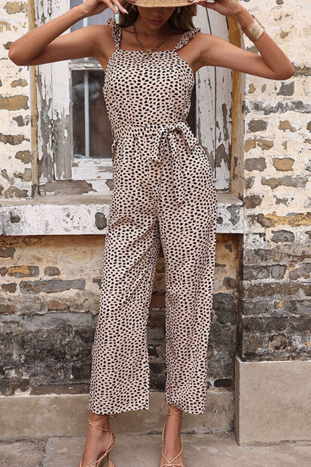 Printed Tie-Waist Wide Leg Jumpsuit with Ruffled Straps.